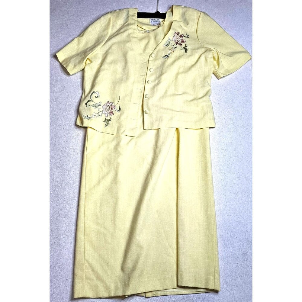 Vintage Victoria Morgan Women Size 14 Yellow Embroidered Floral Two Piece Dress